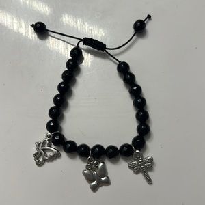 Butterfly Dragonfly Black Onyx Glass Bead 8mm Adjustable String Bracelet